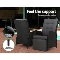 Thumbnail for Gardeon 3PC Recliner Chairs Table Sun lounge Outdoor Furniture Wicker Adjustable Black - Bring To Door 