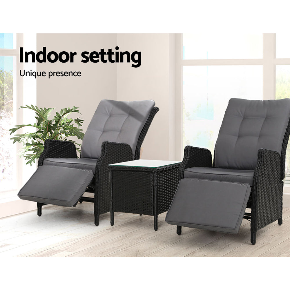 Gardeon 3PC Recliner Chairs Table Sun lounge Outdoor Furniture Wicker Adjustable Black - Bring To Door 