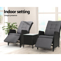 Thumbnail for Gardeon 3PC Recliner Chairs Table Sun lounge Outdoor Furniture Wicker Adjustable Black - Bring To Door 