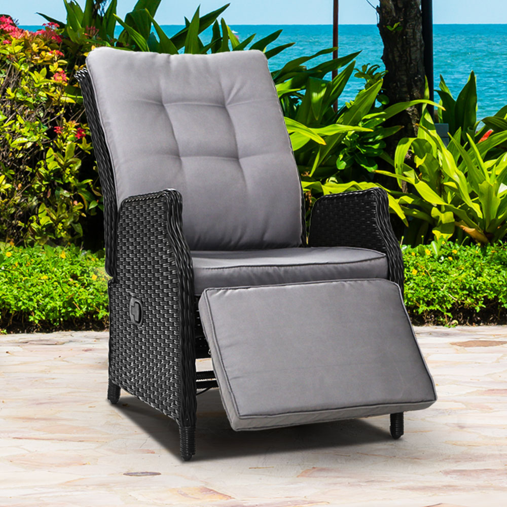 Gardeon Recliner Chairs Sun lounge Wicker Lounger Outdoor Furniture Patio Adjustable Black - Bring To Door 