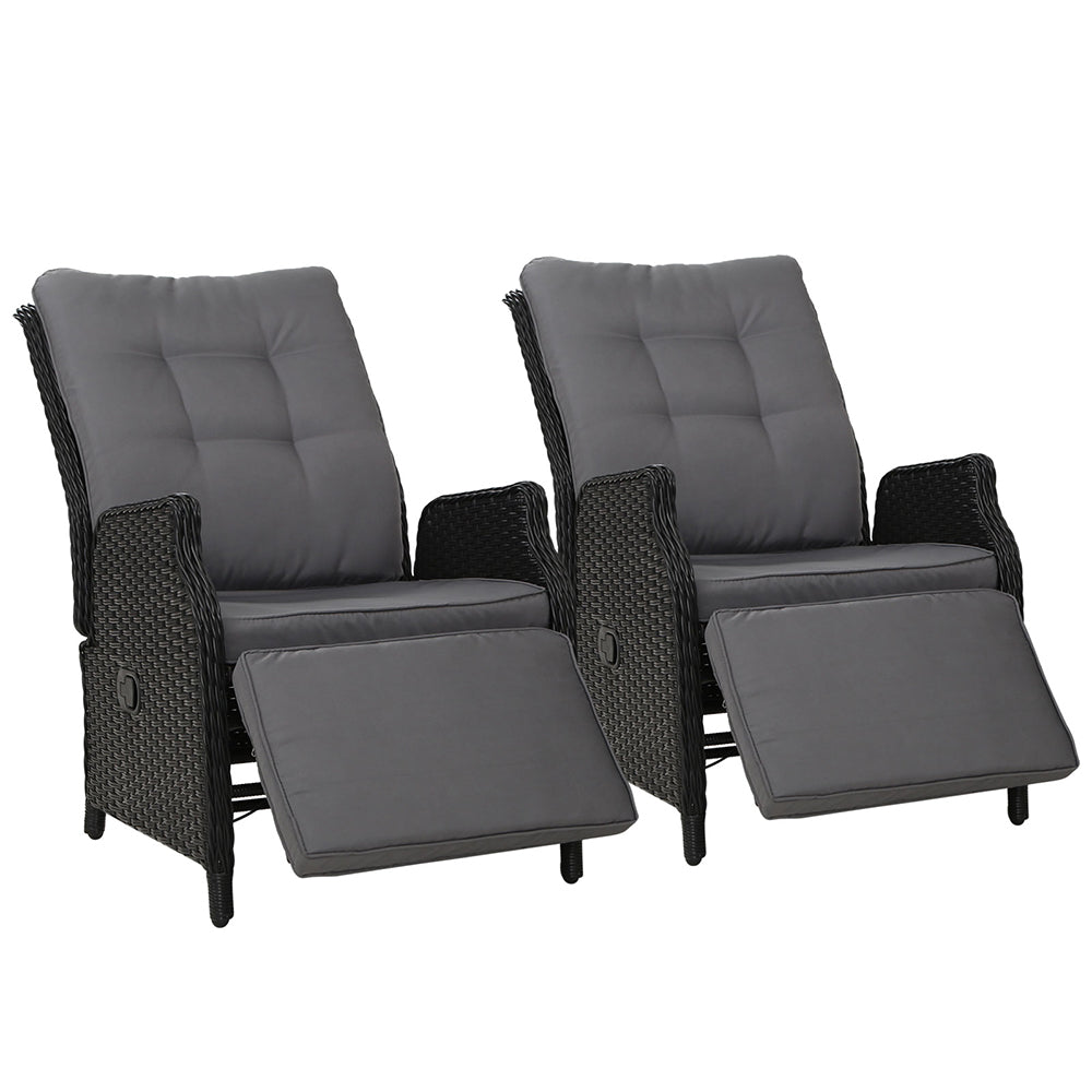 Gardeon 2PC Recliner Chairs Sun lounge Wicker Lounger Outdoor Furniture Adjustable Black - Bring To Door 