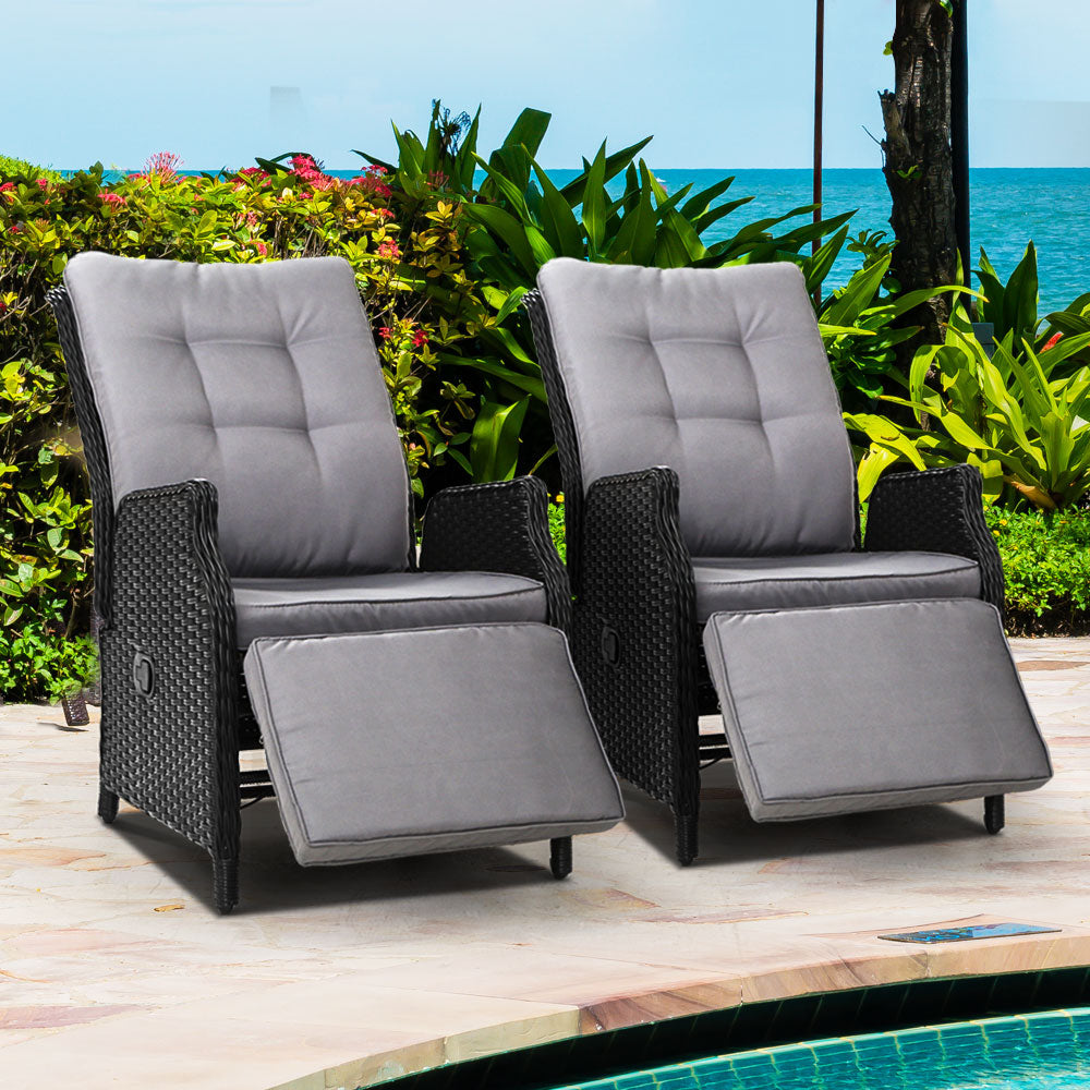 Gardeon 2PC Recliner Chairs Sun lounge Wicker Lounger Outdoor Furniture Adjustable Black - Bring To Door 