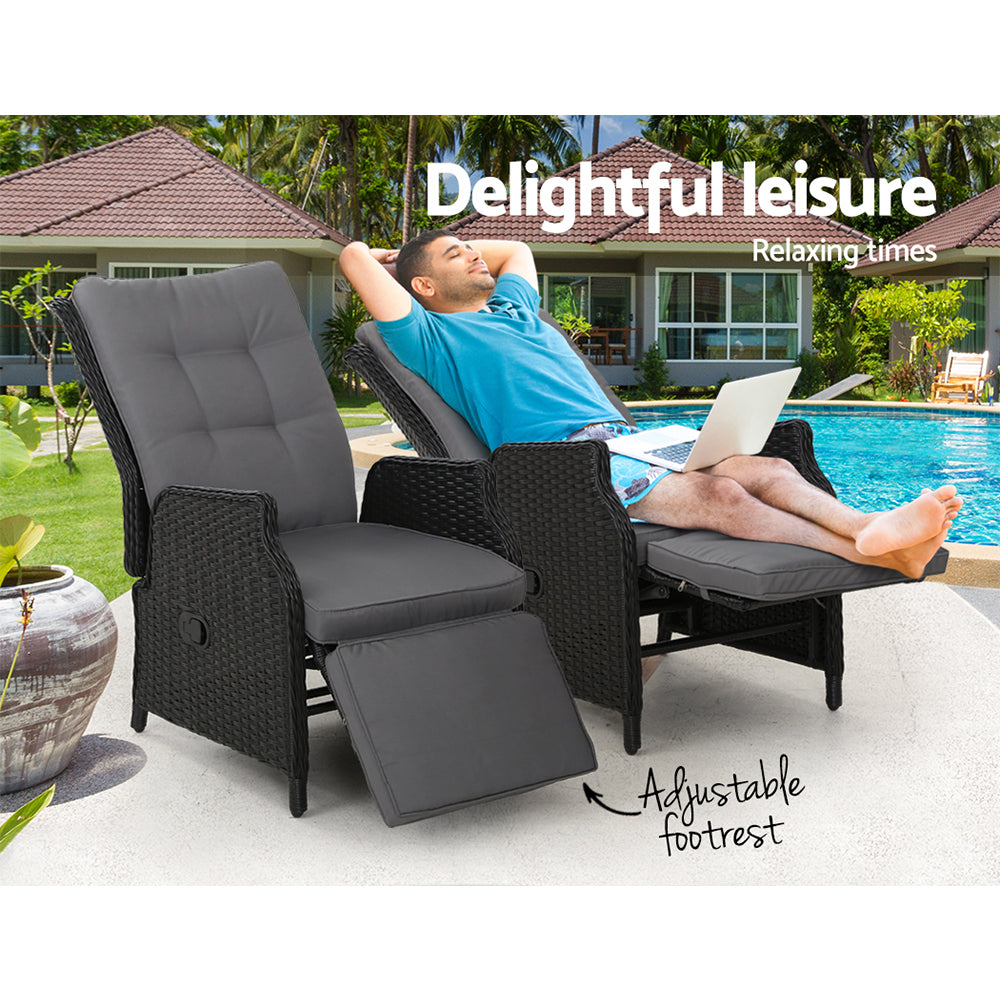 Gardeon 2PC Recliner Chairs Sun lounge Wicker Lounger Outdoor Furniture Adjustable Black - Bring To Door 