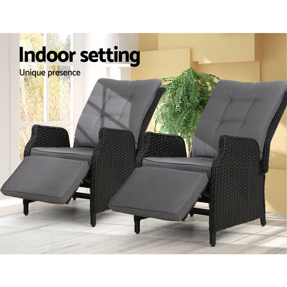 Gardeon 2PC Recliner Chairs Sun lounge Wicker Lounger Outdoor Furniture Adjustable Black - Bring To Door 