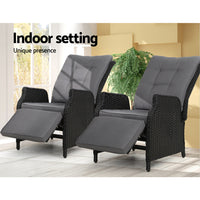 Thumbnail for Gardeon 2PC Recliner Chairs Sun lounge Wicker Lounger Outdoor Furniture Adjustable Black - Bring To Door 