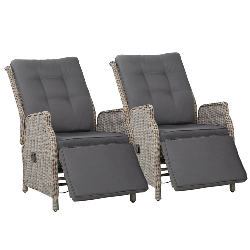 Gardeon 2PC Recliner Chairs Sun lounge Wicker Lounger Outdoor Furniture Adjustable Grey - Bring To Door 