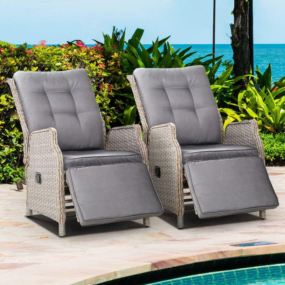 Gardeon 2PC Recliner Chairs Sun lounge Wicker Lounger Outdoor Furniture Adjustable Grey - Bring To Door 