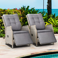 Thumbnail for Gardeon 2PC Recliner Chairs Sun lounge Wicker Lounger Outdoor Furniture Adjustable Grey - Bring To Door 