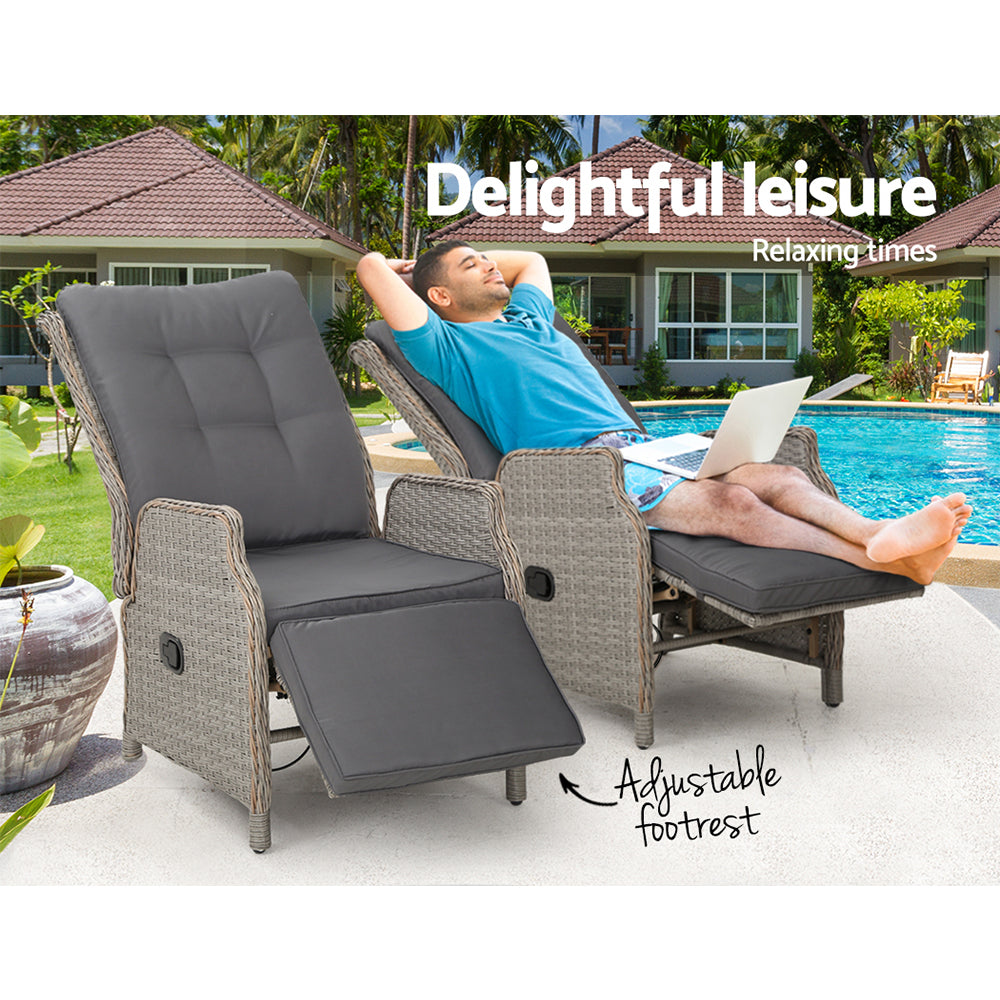 Gardeon 2PC Recliner Chairs Sun lounge Wicker Lounger Outdoor Furniture Adjustable Grey - Bring To Door 