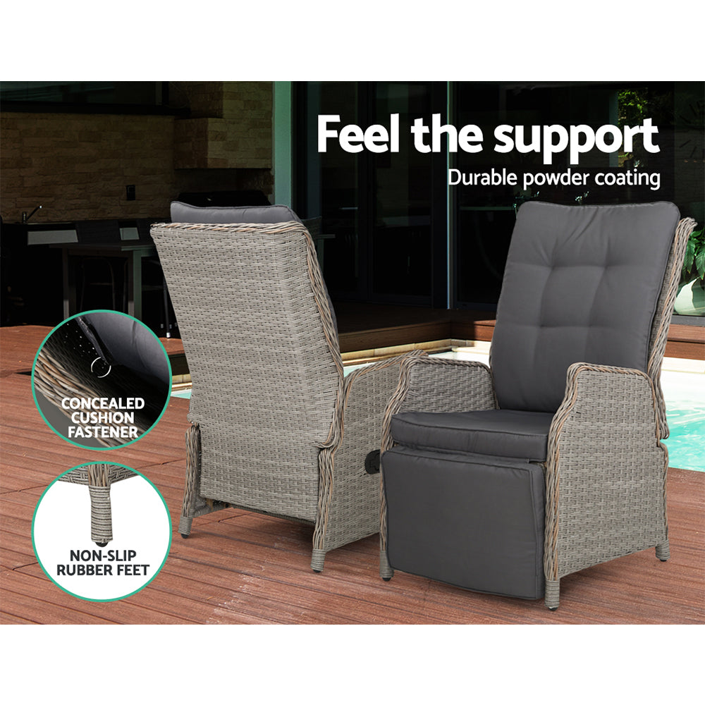 Gardeon 2PC Recliner Chairs Sun lounge Wicker Lounger Outdoor Furniture Adjustable Grey - Bring To Door 