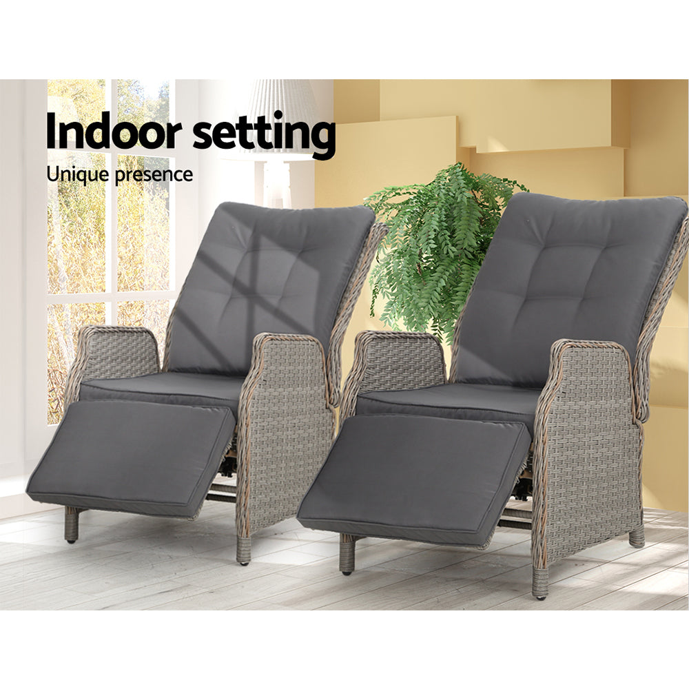 Gardeon 2PC Recliner Chairs Sun lounge Wicker Lounger Outdoor Furniture Adjustable Grey - Bring To Door 