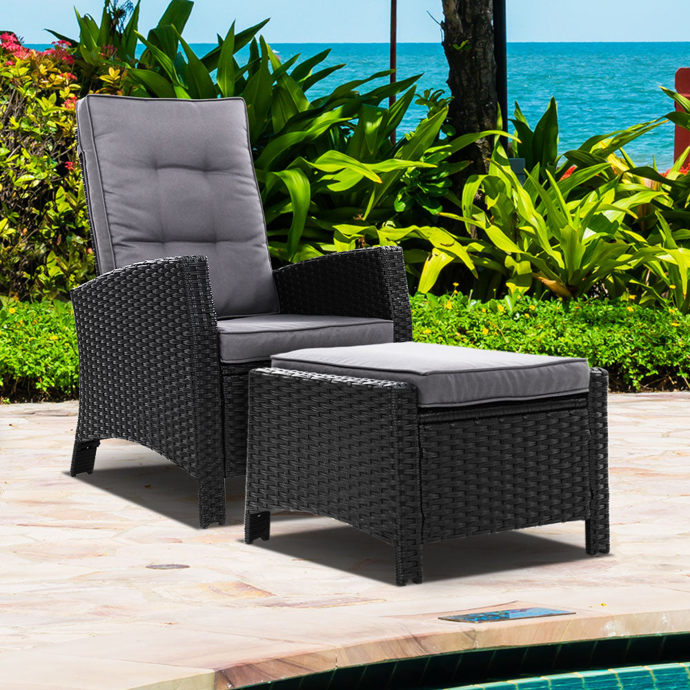 Gardeon Recliner Chair Sun lounge Wicker Lounger Outdoor Patio Furniture Adjustable Black - Bring To Door 