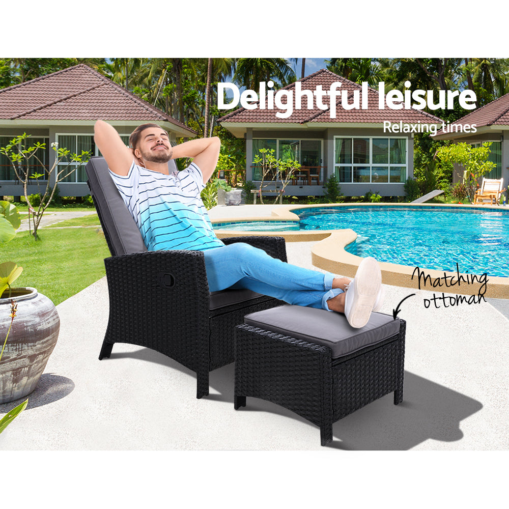 Gardeon Recliner Chair Sun lounge Wicker Lounger Outdoor Patio Furniture Adjustable Black - Bring To Door 