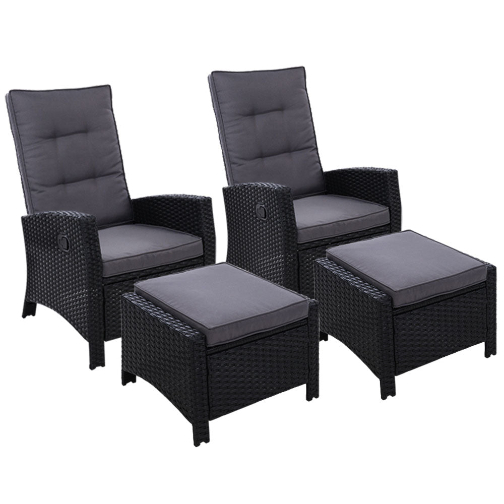 Gardeon 2PC Recliner Chairs Sun lounge Wicker Lounger Outdoor Furniture Adjustable Black - Bring To Door 