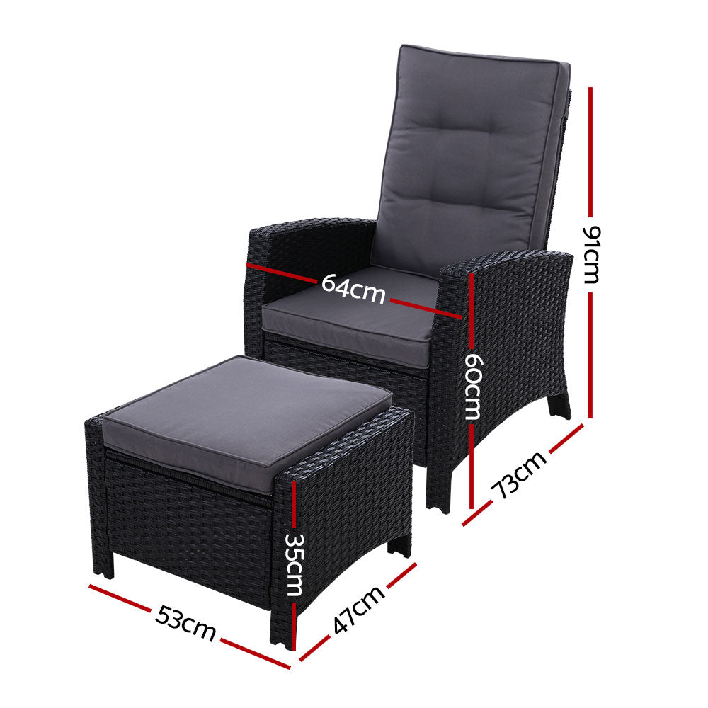 Gardeon 2PC Recliner Chairs Sun lounge Wicker Lounger Outdoor Furniture Adjustable Black - Bring To Door 