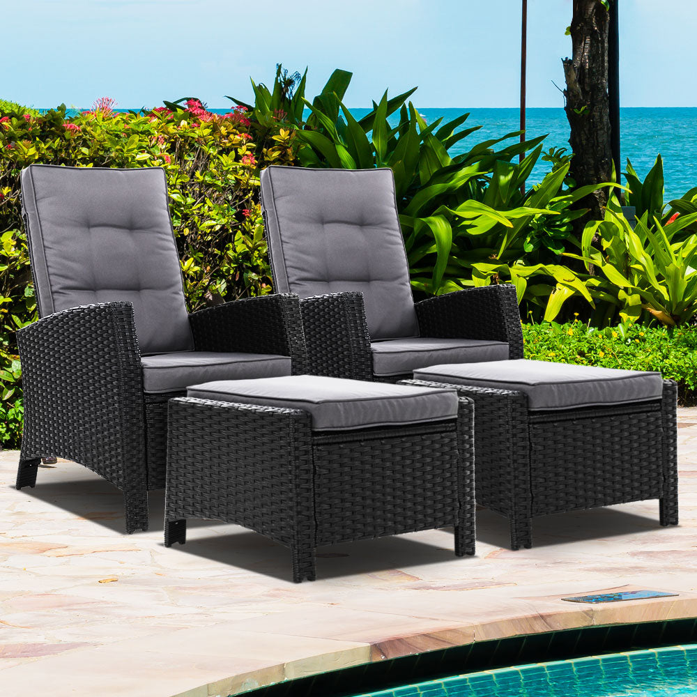 Gardeon 2PC Recliner Chairs Sun lounge Wicker Lounger Outdoor Furniture Adjustable Black - Bring To Door 