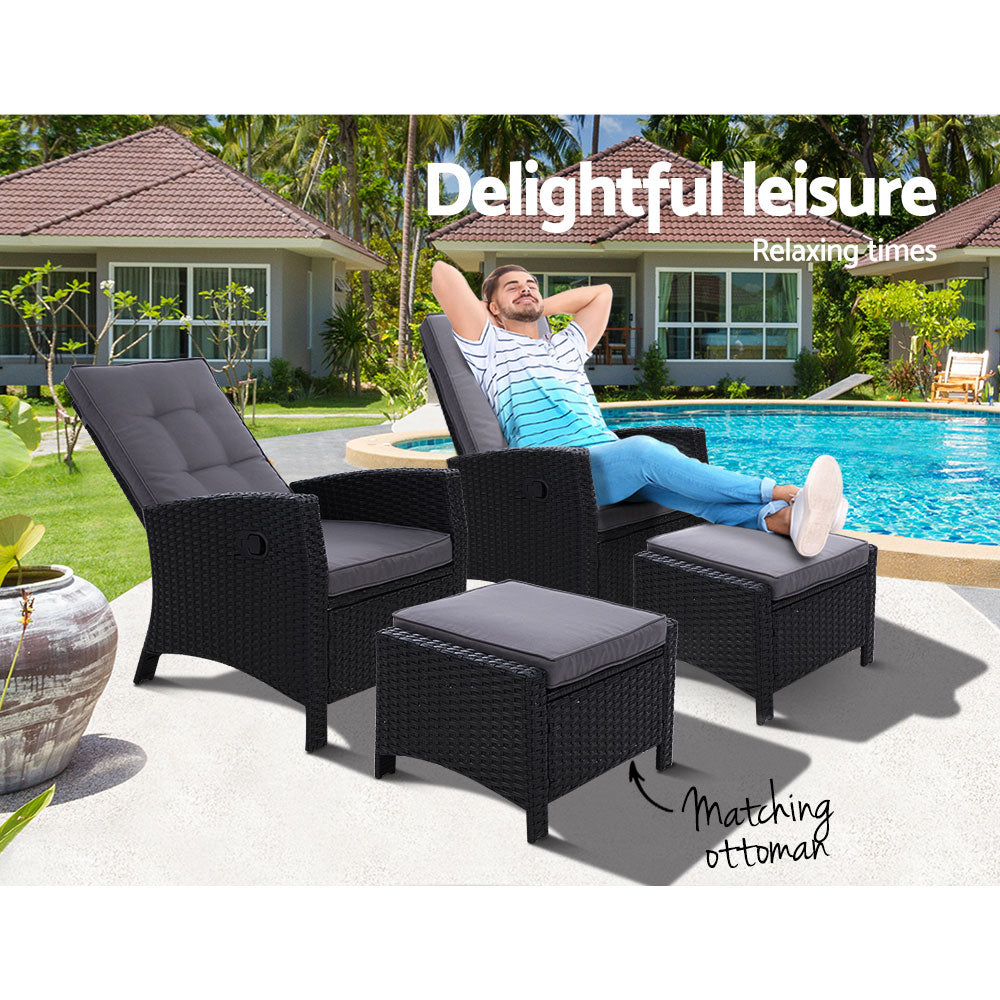 Gardeon 2PC Recliner Chairs Sun lounge Wicker Lounger Outdoor Furniture Adjustable Black - Bring To Door 