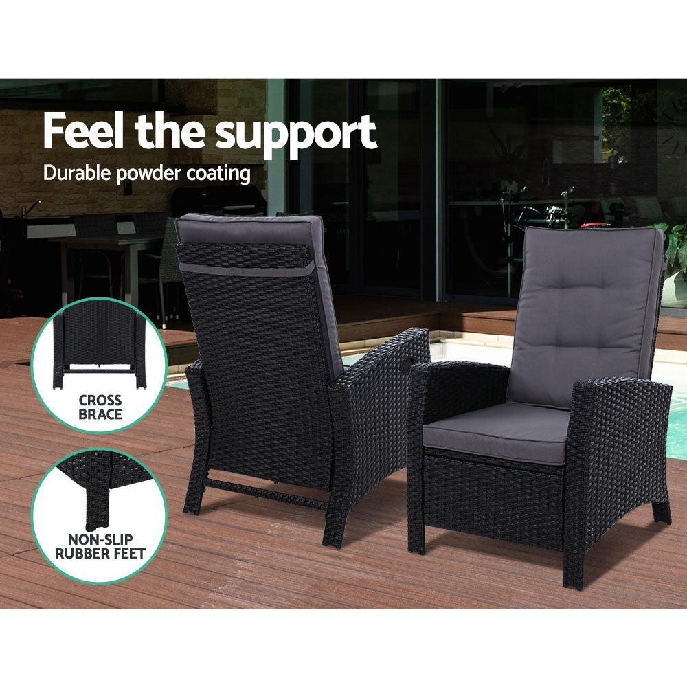 Gardeon 2PC Recliner Chairs Sun lounge Wicker Lounger Outdoor Furniture Adjustable Black - Bring To Door 