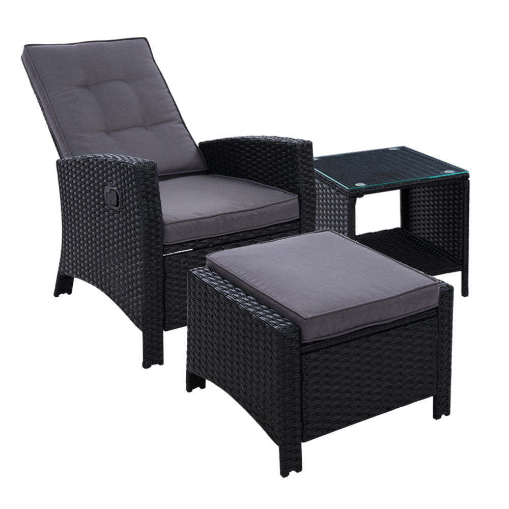 Gardeon 3PC Recliner Chairs Table Sun lounge Wicker Outdoor Furniture Adjustable Black - Bring To Door 