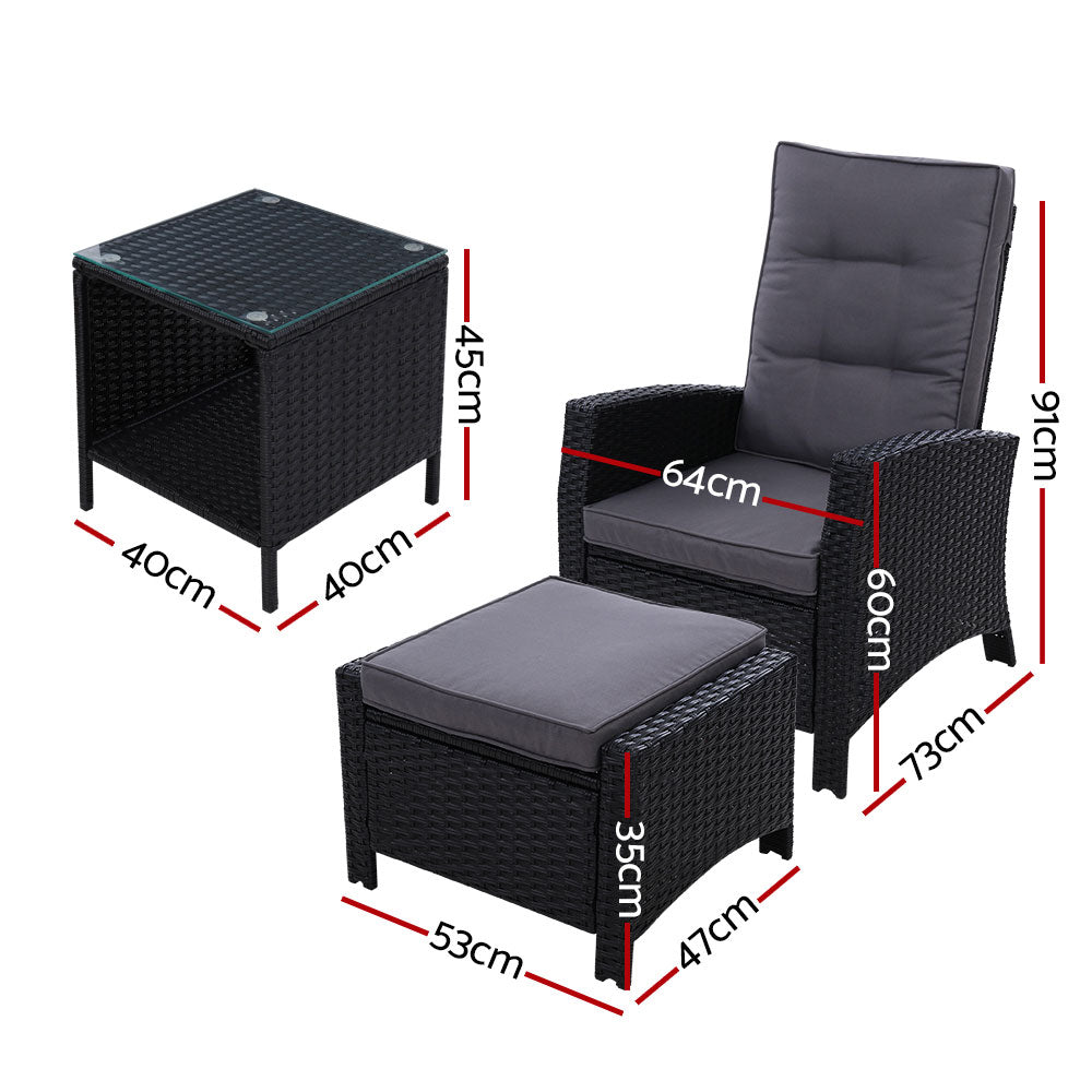 Gardeon 3PC Recliner Chairs Table Sun lounge Wicker Outdoor Furniture Adjustable Black - Bring To Door 