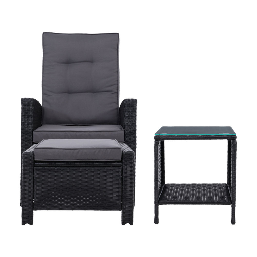 Gardeon 3PC Recliner Chairs Table Sun lounge Wicker Outdoor Furniture Adjustable Black - Bring To Door 