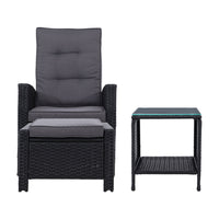 Thumbnail for Gardeon 3PC Recliner Chairs Table Sun lounge Wicker Outdoor Furniture Adjustable Black - Bring To Door 