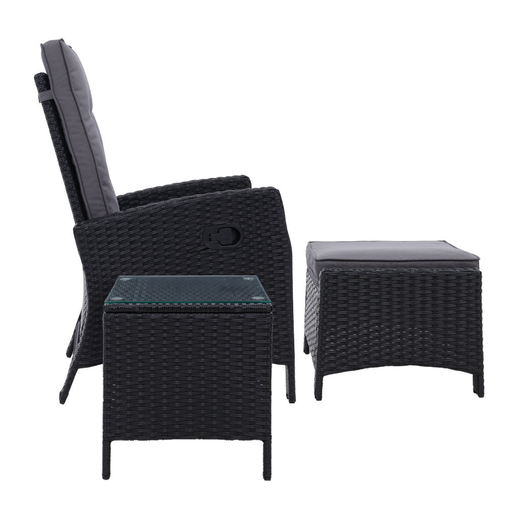 Gardeon 3PC Recliner Chairs Table Sun lounge Wicker Outdoor Furniture Adjustable Black - Bring To Door 