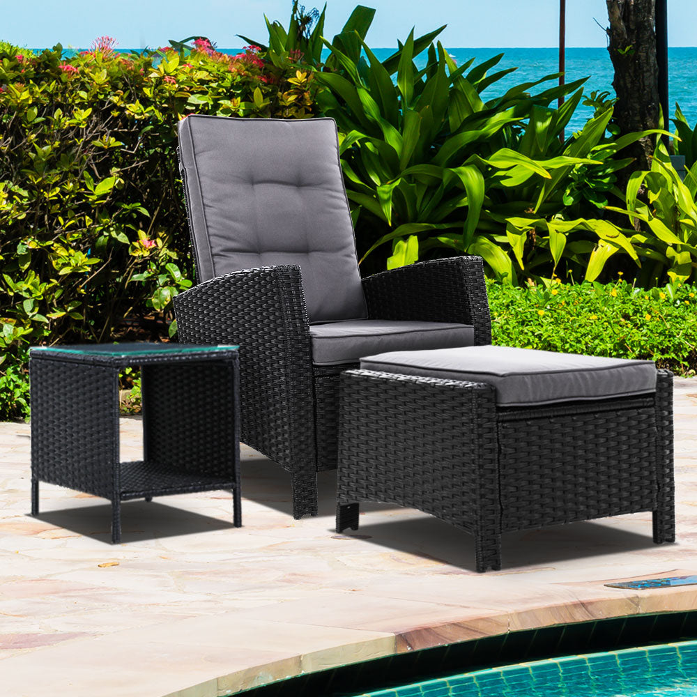 Gardeon 3PC Recliner Chairs Table Sun lounge Wicker Outdoor Furniture Adjustable Black - Bring To Door 