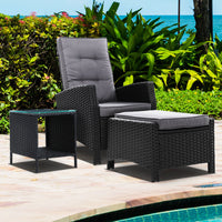 Thumbnail for Gardeon 3PC Recliner Chairs Table Sun lounge Wicker Outdoor Furniture Adjustable Black - Bring To Door 