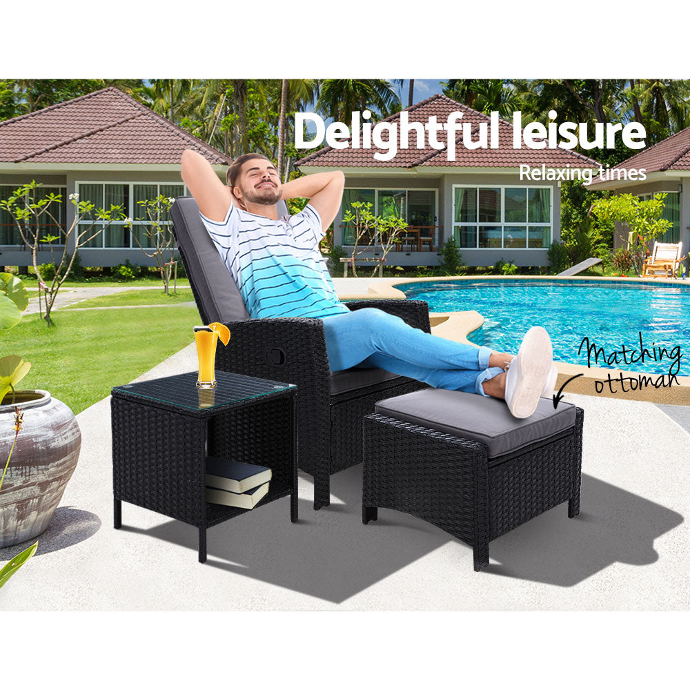 Gardeon 3PC Recliner Chairs Table Sun lounge Wicker Outdoor Furniture Adjustable Black - Bring To Door 