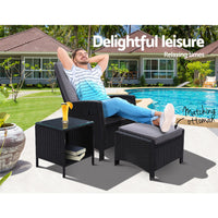 Thumbnail for Gardeon 3PC Recliner Chairs Table Sun lounge Wicker Outdoor Furniture Adjustable Black - Bring To Door 