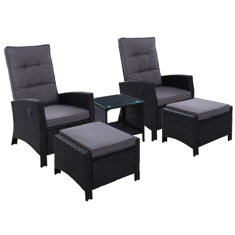 Gardeon 5PC Recliner Chairs Table Sun lounge Wicker Outdoor Furniture Adjustable Black - Bring To Door 