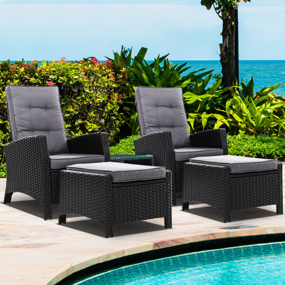 Gardeon 5PC Recliner Chairs Table Sun lounge Wicker Outdoor Furniture Adjustable Black - Bring To Door 