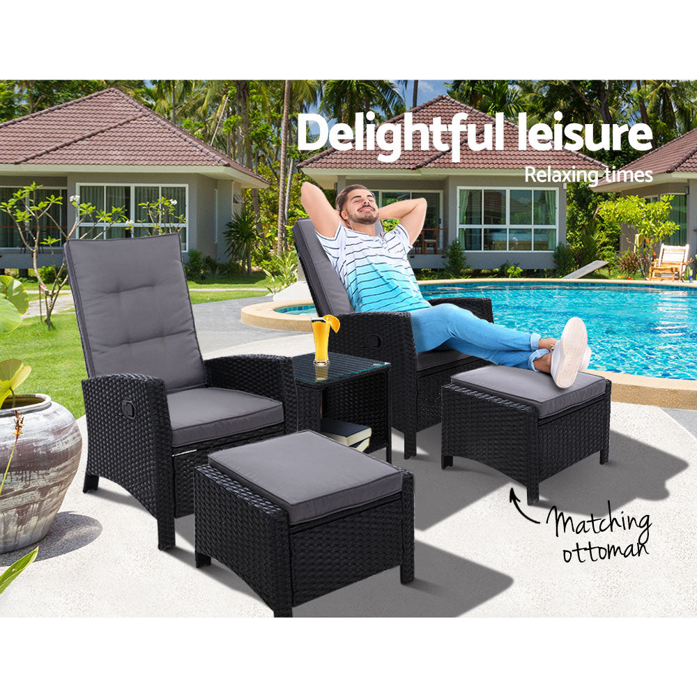 Gardeon 5PC Recliner Chairs Table Sun lounge Wicker Outdoor Furniture Adjustable Black - Bring To Door 