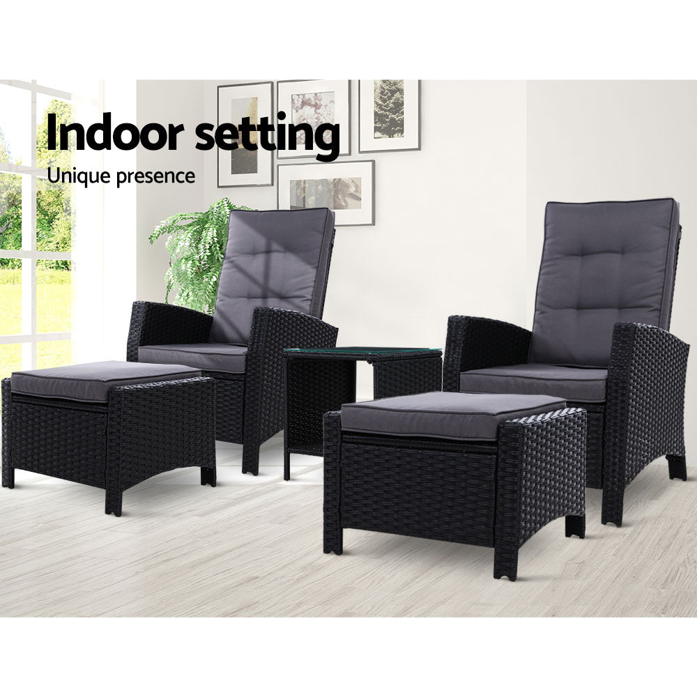 Gardeon 5PC Recliner Chairs Table Sun lounge Wicker Outdoor Furniture Adjustable Black - Bring To Door 