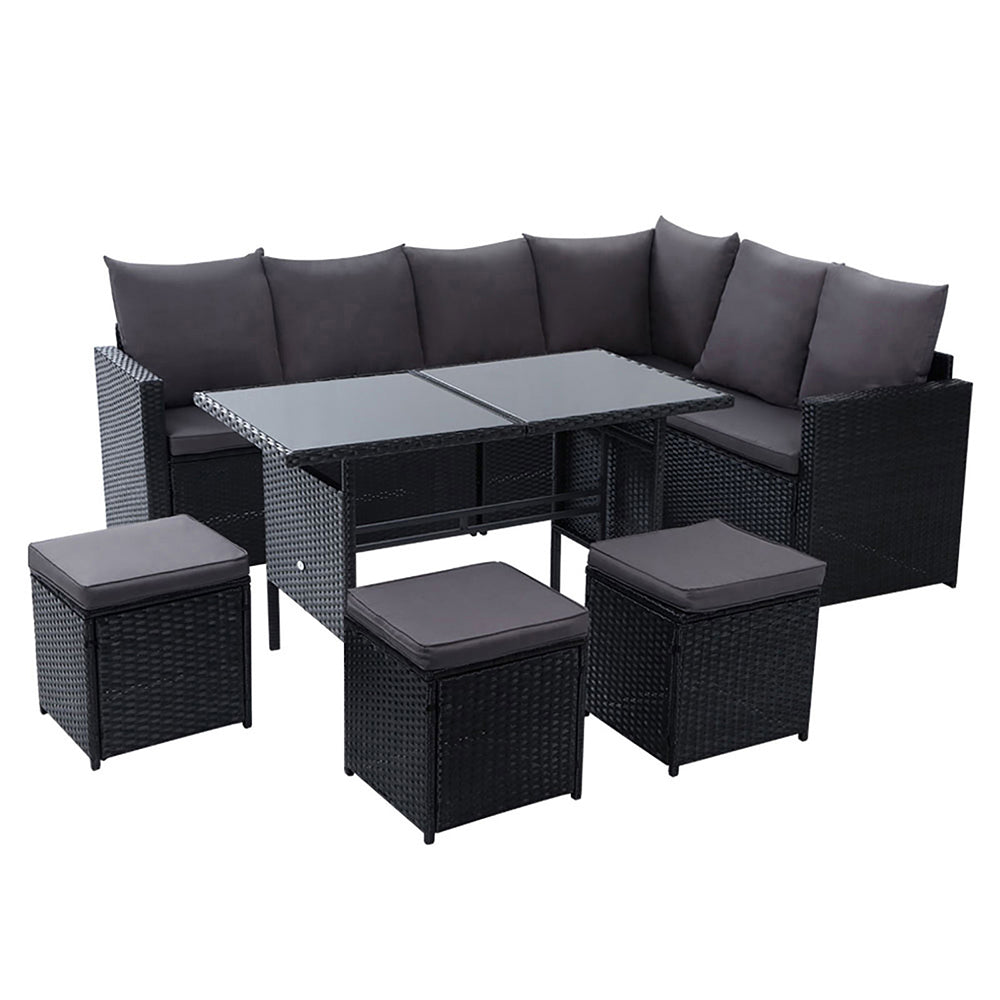 Gardeon Outdoor Dining Set Sofa Lounge Setting Chairs Table Ottoman Black Cover - Bring To Door 