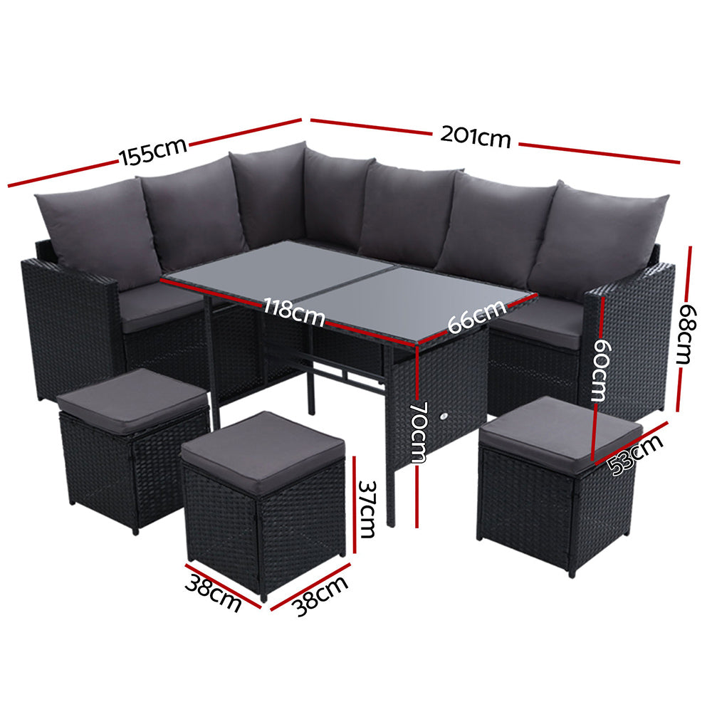 Gardeon Outdoor Dining Set Sofa Lounge Setting Chairs Table Ottoman Black Cover - Bring To Door 