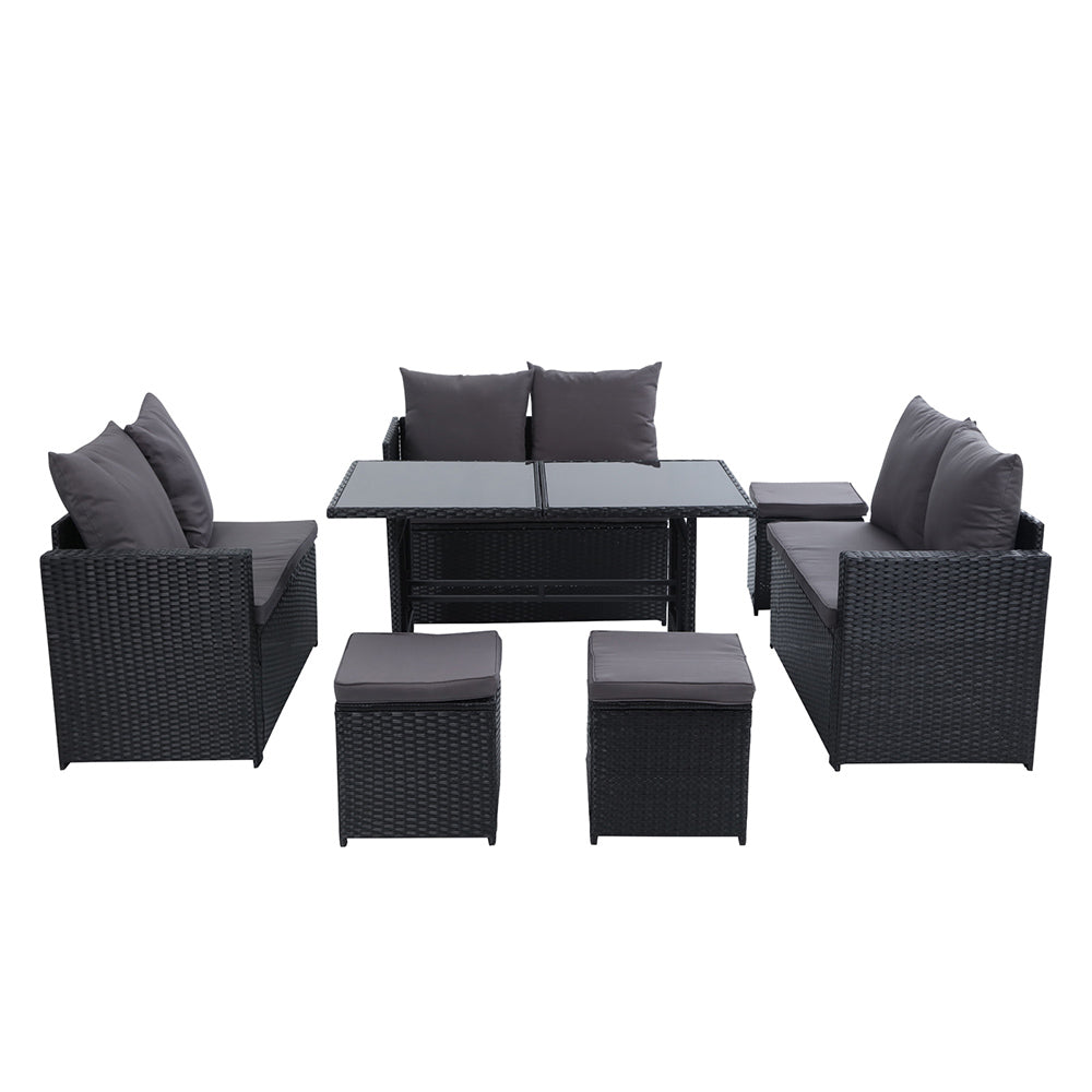 Gardeon Outdoor Dining Set Sofa Lounge Setting Chairs Table Ottoman Black Cover - Bring To Door 