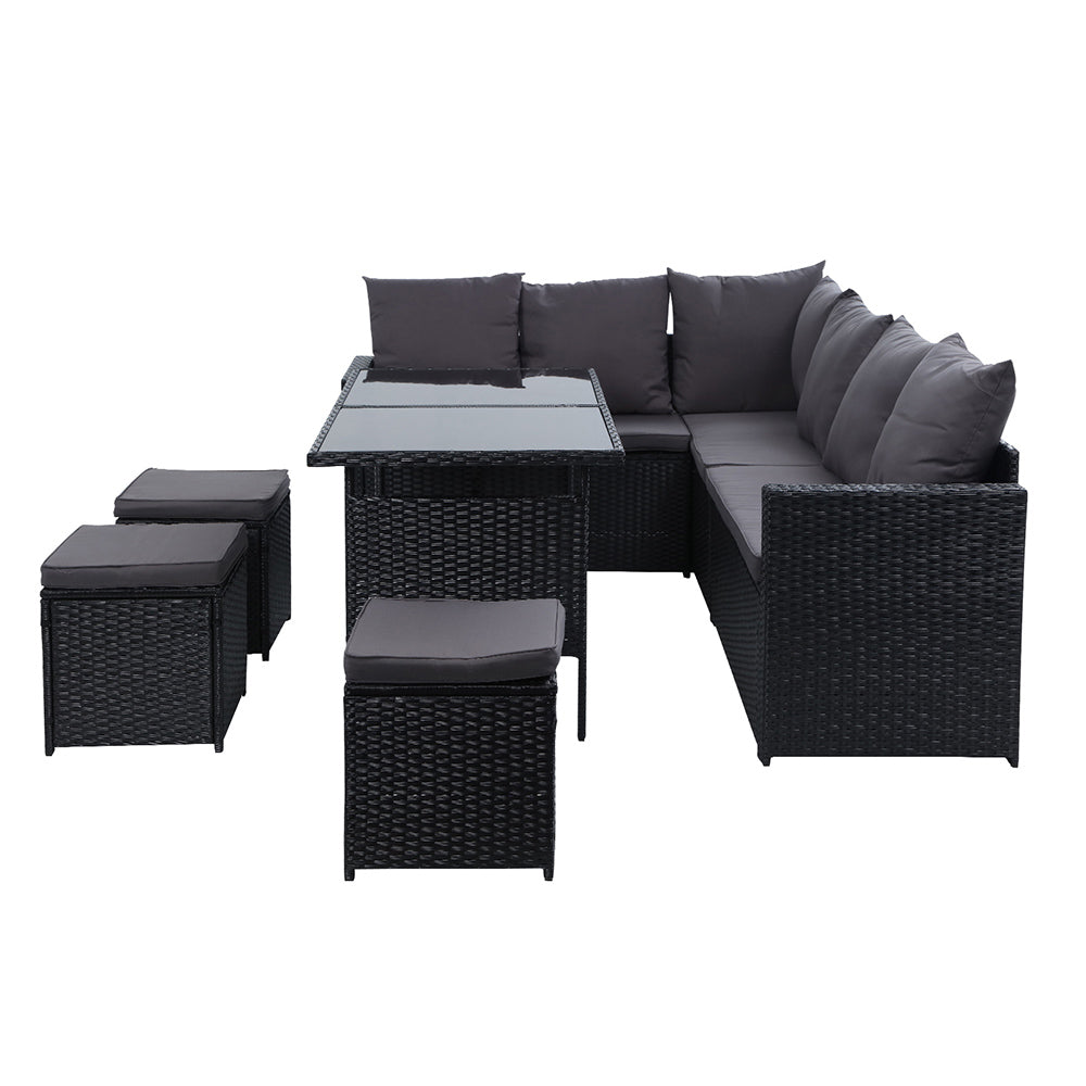 Gardeon Outdoor Dining Set Sofa Lounge Setting Chairs Table Ottoman Black Cover - Bring To Door 