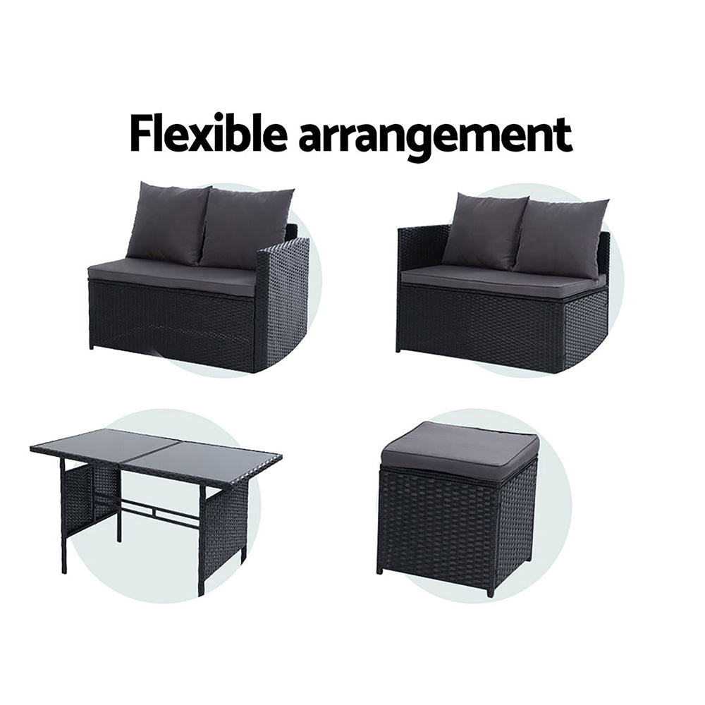 Gardeon Outdoor Dining Set Sofa Lounge Setting Chairs Table Ottoman Black Cover - Bring To Door 