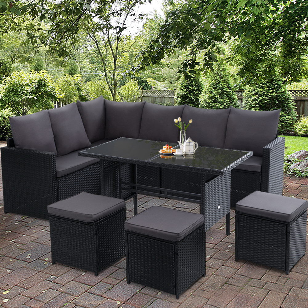 Gardeon Outdoor Dining Set Sofa Lounge Setting Chairs Table Ottoman Black Cover - Bring To Door 