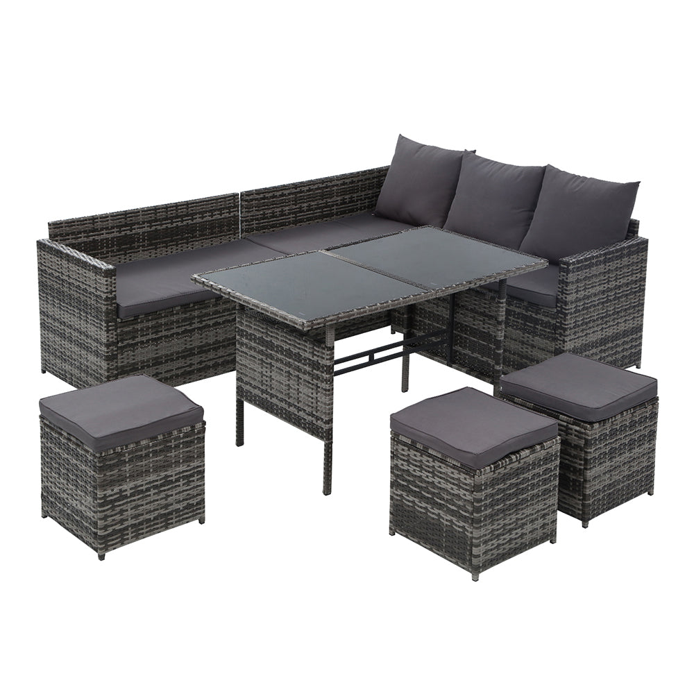 Gardeon Outdoor Dining Set Sofa Lounge Setting Chairs Table Ottoman Grey Cover - Bring To Door 