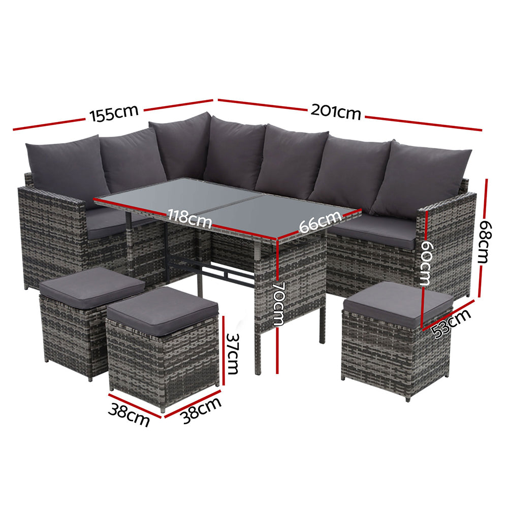 Gardeon Outdoor Dining Set Sofa Lounge Setting Chairs Table Ottoman Grey Cover - Bring To Door 