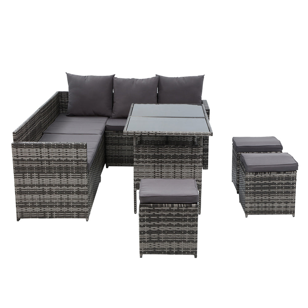 Gardeon Outdoor Dining Set Sofa Lounge Setting Chairs Table Ottoman Grey Cover - Bring To Door 