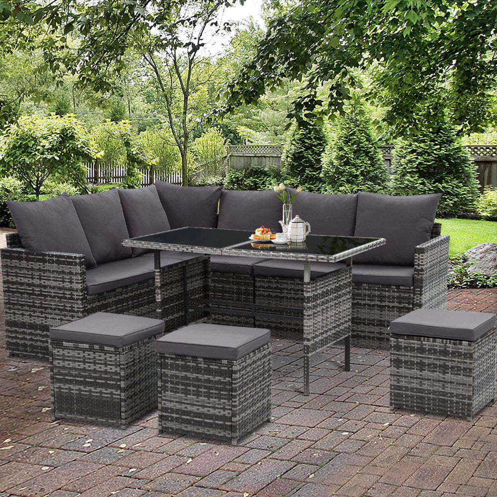 Gardeon Outdoor Dining Set Sofa Lounge Setting Chairs Table Ottoman Grey Cover - Bring To Door 