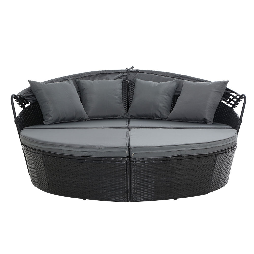 Gardeon Sun Lounge Setting Wicker Lounger Day Bed Outdoor Furniture Patio Black - Bring To Door 