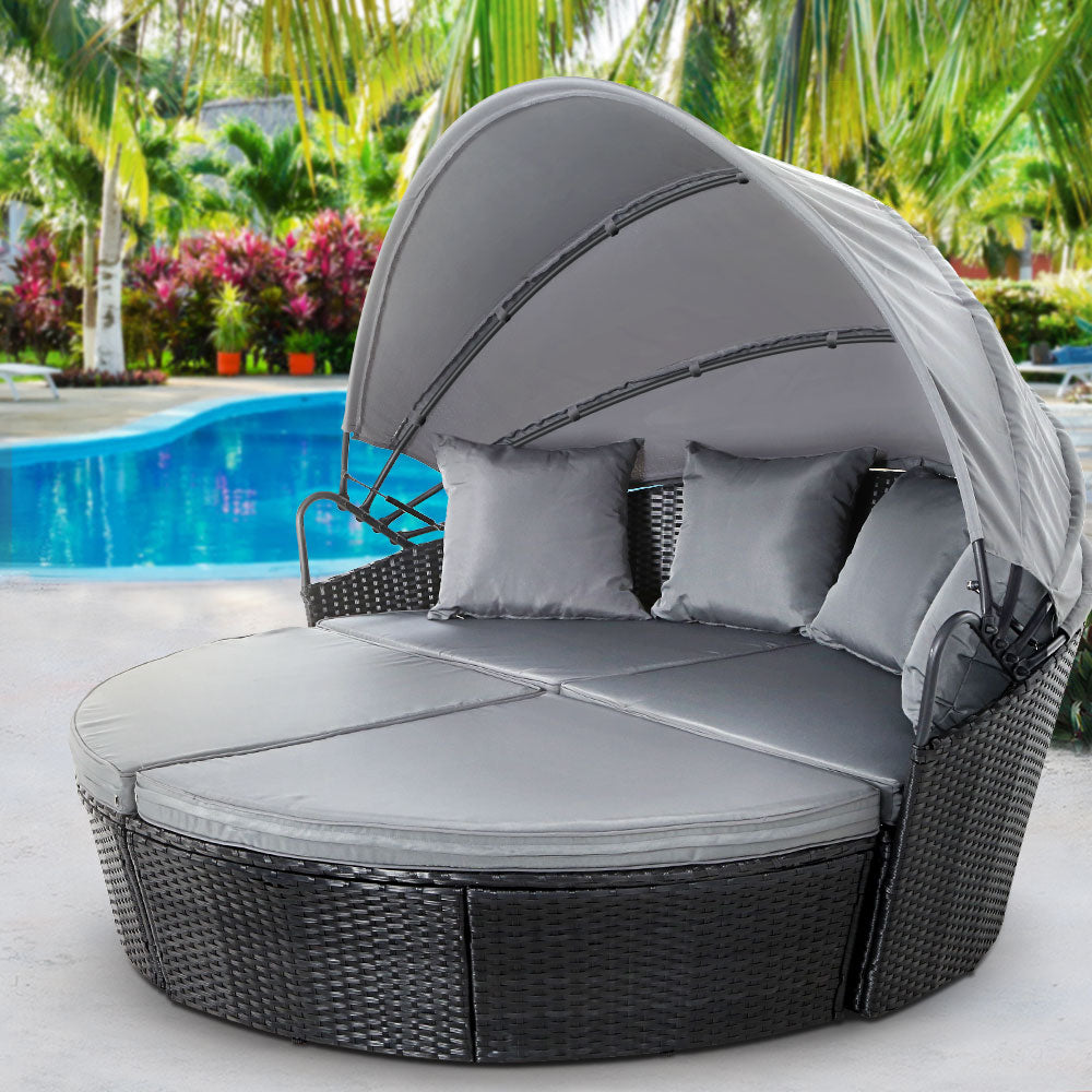 Gardeon Sun Lounge Setting Wicker Lounger Day Bed Outdoor Furniture Patio Black - Bring To Door 