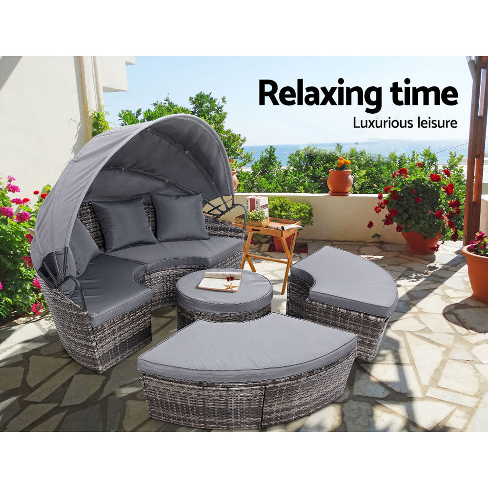 Gardeon Sun Lounge Setting Wicker Lounger Day Bed Patio Outdoor Furniture Grey - Bring To Door 