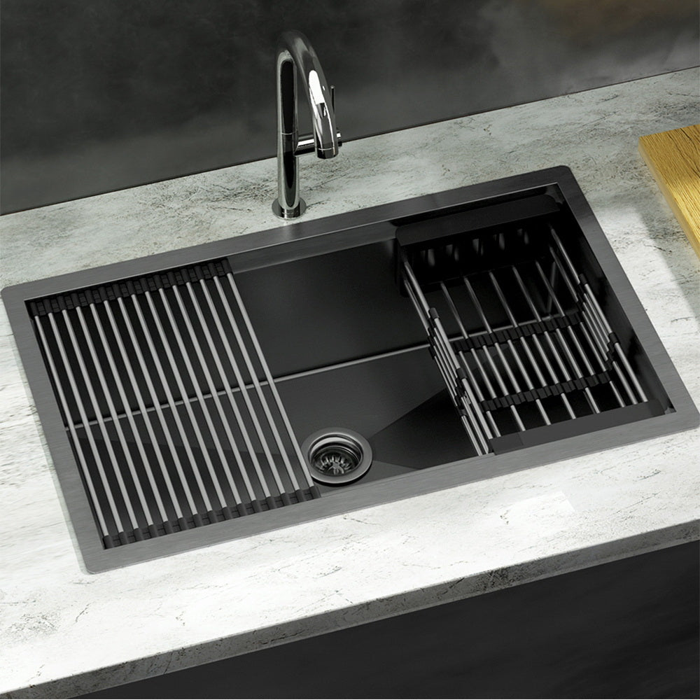 Cefito Kitchen Sink 70X45CM Stainless Steel Single Bowl Drain Rack Basket Black - Bring To Door 