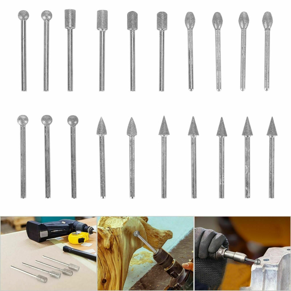 20pcs Diamond Grinding Heads Mini Drill Burrs Bit Set 3mm Shank for Rotary Tool - Bring To Door 